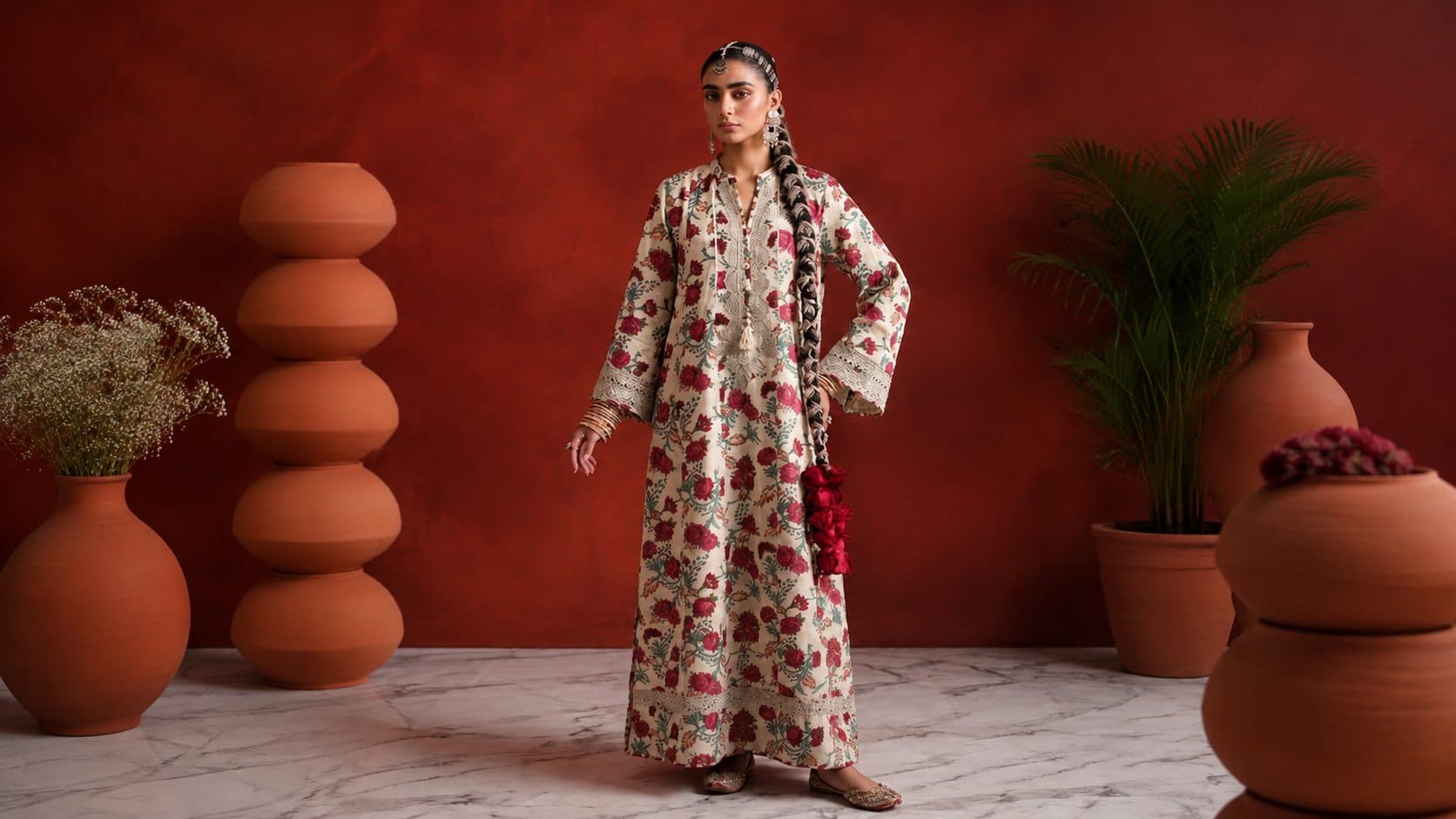 Ivory floral-print long kurta styled against a terracotta wall