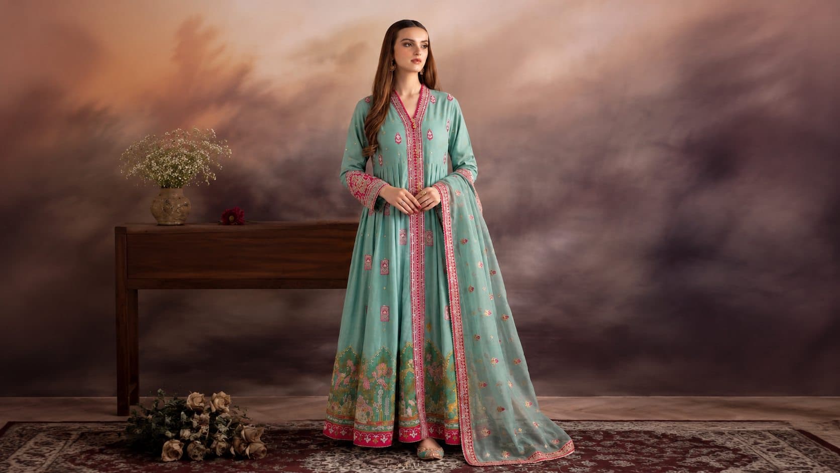 Sea-green pleated anarkali with organza dupatta