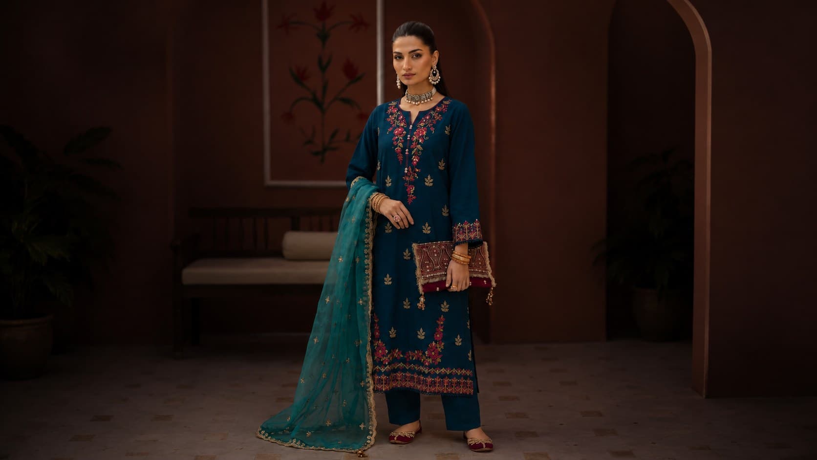 Teal blue kurta with pink floral embroidery and a matching net dupatta, in a terracotta room with an arched doorway