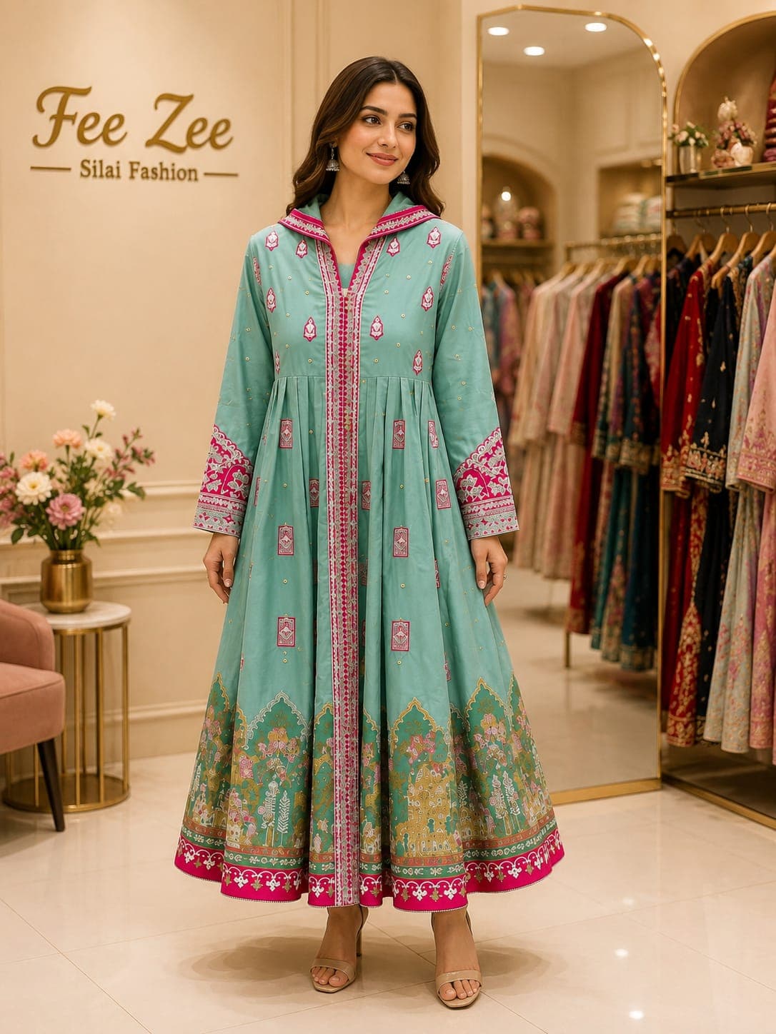 Sea green anarkali, kalidar hem